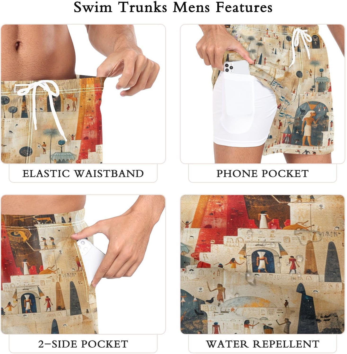 Art Ancien Egypte Jaune Homme Short de Bain Plage Maillot de Bains Respirant Séchage Rapide Beach Shorts - Image 3