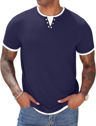 81R5ttLQlTL._AC_SL1500_.jpg Hisir T-shirts pour hommes Henley Été Manches Courtes Col Rond T-shirt Hommes Décontracté Classique Slim Fit Basique Hauts