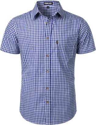 81cMzoOYjqL._AC_SL1500_.jpg PARKLEES Chemise décontractée à carreaux boutonnée en coton à manches courtes pour homme, coupe régulière avec poche