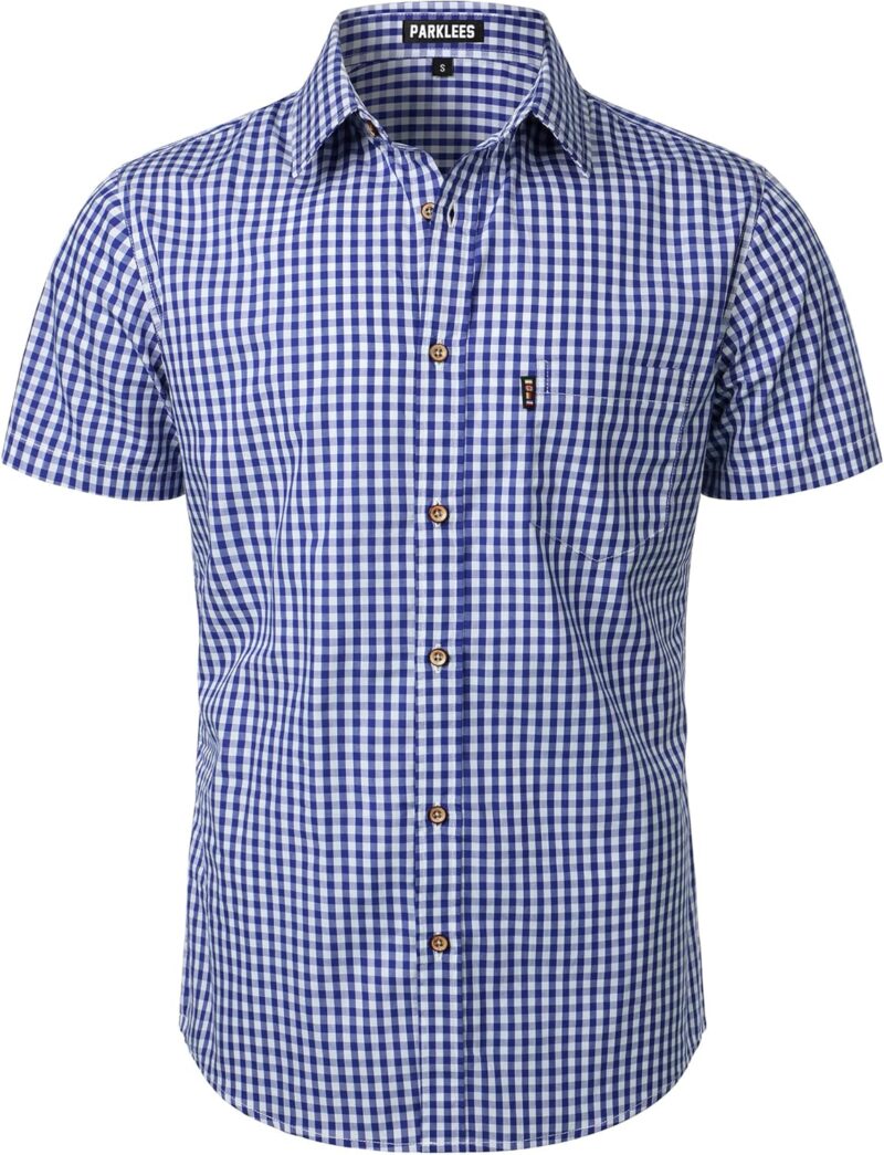 PARKLEES Chemise décontractée à carreaux boutonnée en coton à manches courtes pour homme, coupe régulière avec poche