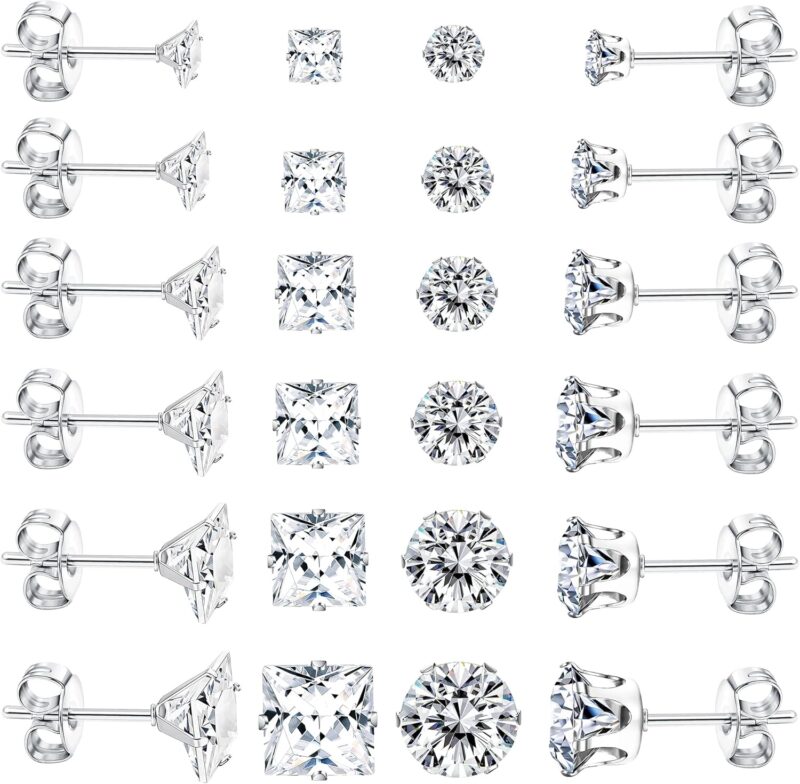 Dochais Lot de 12 paires de boucles d'oreilles créoles en acier inoxydable hypoallergénique en acier chirurgical avec zircone pour homme et femme Unisexe