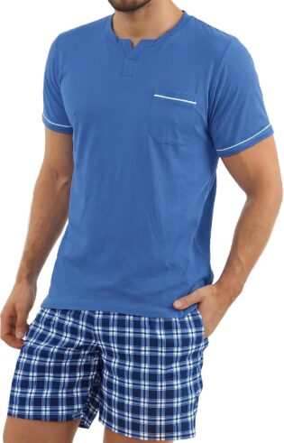 81dbzrJ8t4L._AC_SL1500_.jpg Bresdk Pyjama Homme Été Coton Manches Courtes 2 Pièces Vêtements de Nuit avec Haut Col en V et Short à Carreaux S-3XL