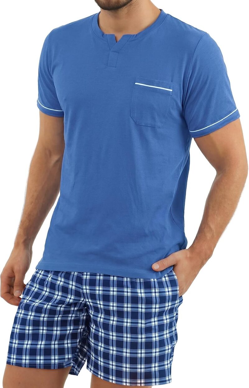 Bresdk Pyjama Homme Été Coton Manches Courtes 2 Pièces Vêtements de Nuit avec Haut Col en V et Short à Carreaux S-3XL