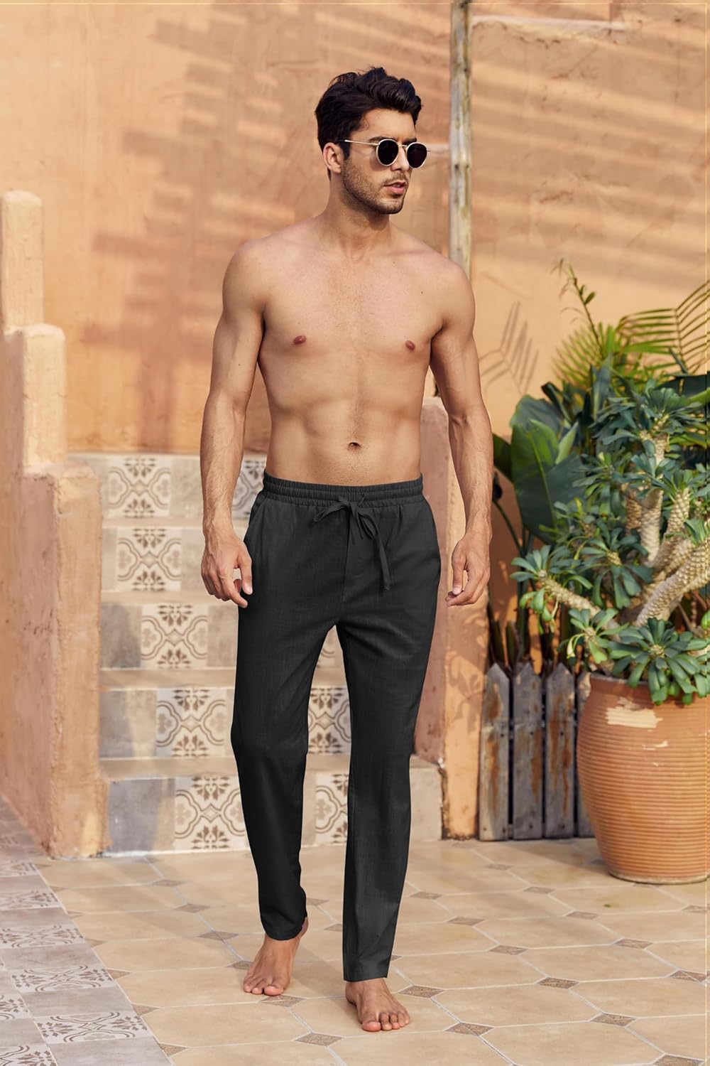 Runcati Pantalon en Lin pour Homme - Couleur Unie - Long - Léger - Coupe Ample - avec Cordon de Serrage - pour Les Vacances, la Plage, Le Quotidien - Image 3