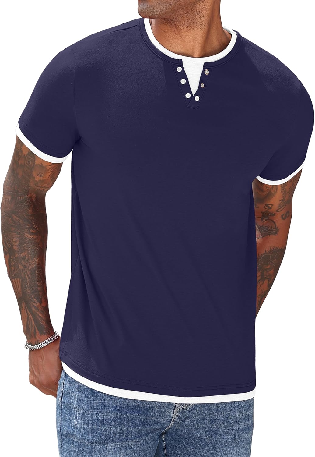 Hisir T-shirts pour hommes Henley Été Manches Courtes Col Rond T-shirt Hommes Décontracté Classique Slim Fit Basique Hauts - Image 4