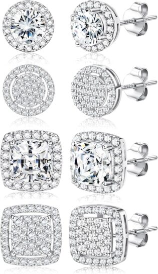 81tzc-e1eQL._AC_SL1500_.jpg Dochais 4 Paires Boucles d'Oreilles Argent 925 Homme Femme Hypoallergéniques Lot Boucles d'Oreilles Zircon Cubique Plaqué Or 14K Ronde Carrée Brillant Grand Diamant Boucle d Oreilles Femmes Hommes