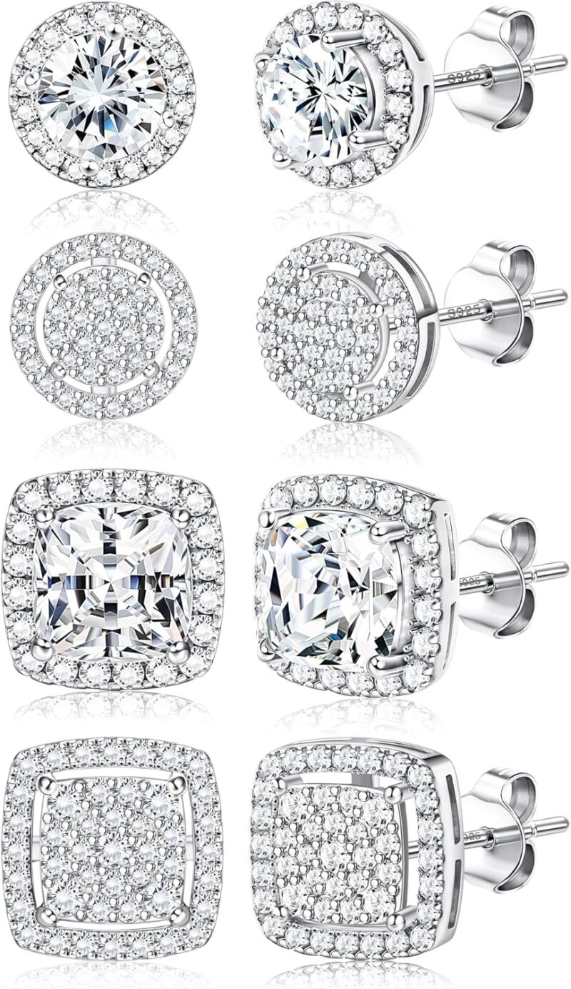 Dochais 4 Paires Boucles d'Oreilles Argent 925 Homme Femme Hypoallergéniques Lot Boucles d'Oreilles Zircon Cubique Plaqué Or 14K Ronde Carrée Brillant Grand Diamant Boucle d Oreilles Femmes Hommes