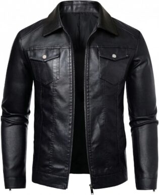 Veste en cuir synthétique pour homme - Coupe-vent - Pour motard - Noir