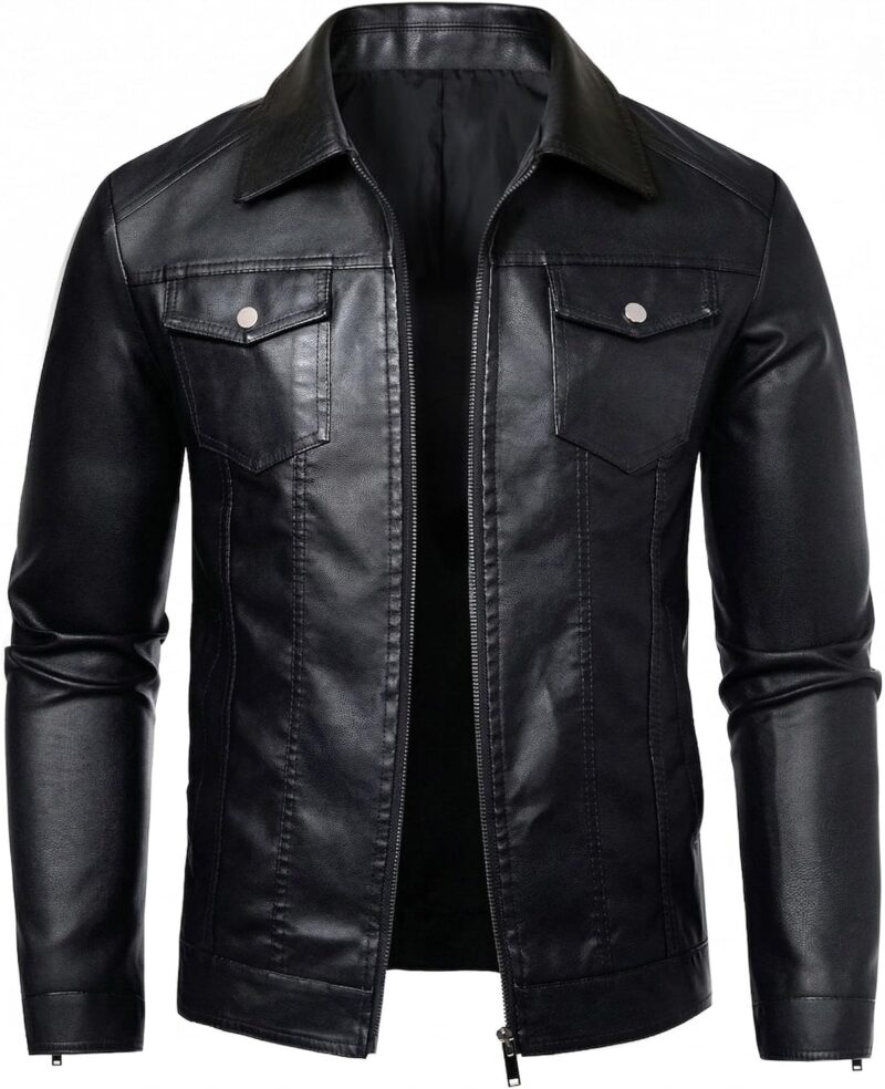Veste en cuir synthétique pour homme - Coupe-vent - Pour motard - Noir