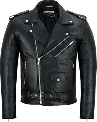 Bohmberg Veste en cuir de haute qualité pour homme en cuir de vachette - Classique réinterprété avec un look croco accrocheur - Cuir véritable Noir