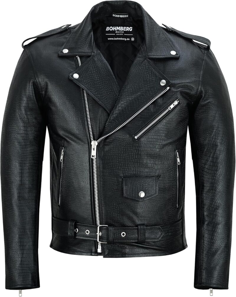 Bohmberg Veste en cuir de haute qualité pour homme en cuir de vachette - Classique réinterprété avec un look croco accrocheur - Cuir véritable Noir